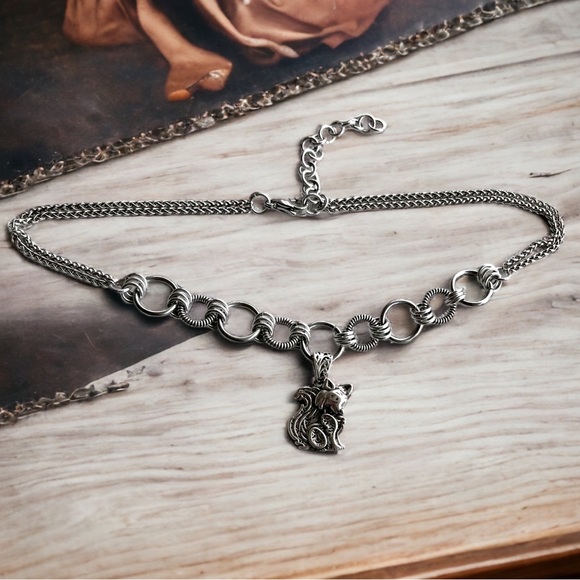 Handmade maille stainless steel necklace double wheat chain + fox design charm - Picture 8 of 15